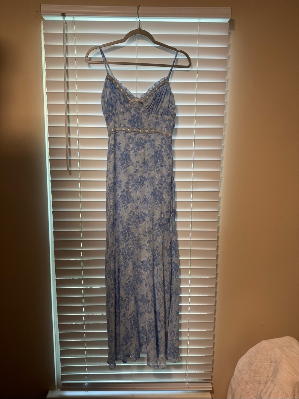 Altar'd State Light Blue Floral Lace Maxi Dress with Beaded Waist